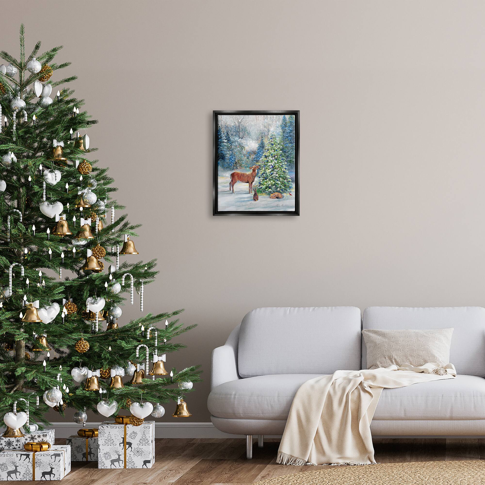 Stupell Industries Winter Woodland Animals Tree Framed Floater Canvas Wall Art